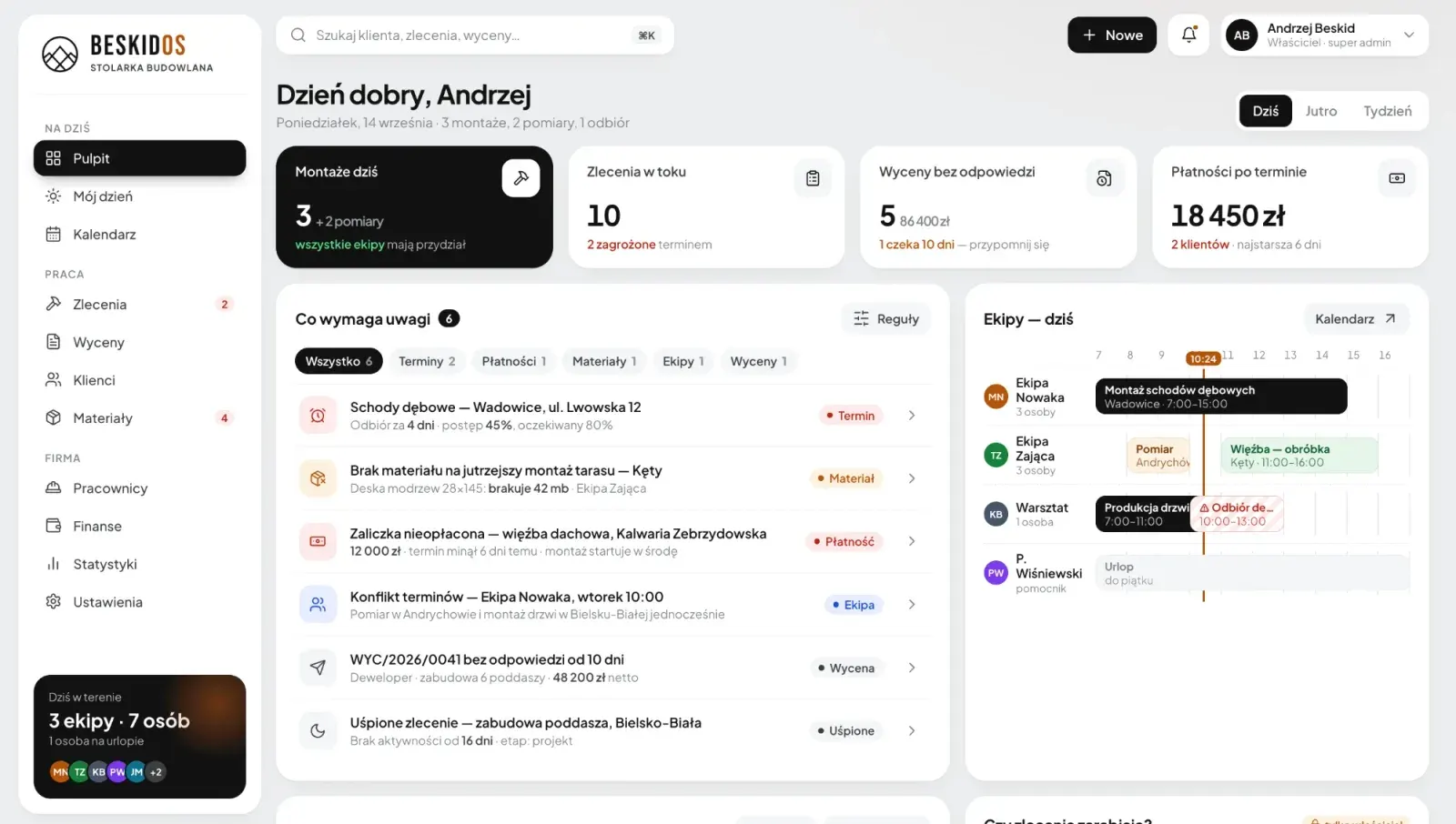 Pulpit panelu CRM: montaże dziś, zlecenia w toku, wyceny bez odpowiedzi, płatności po terminie i harmonogram ekip