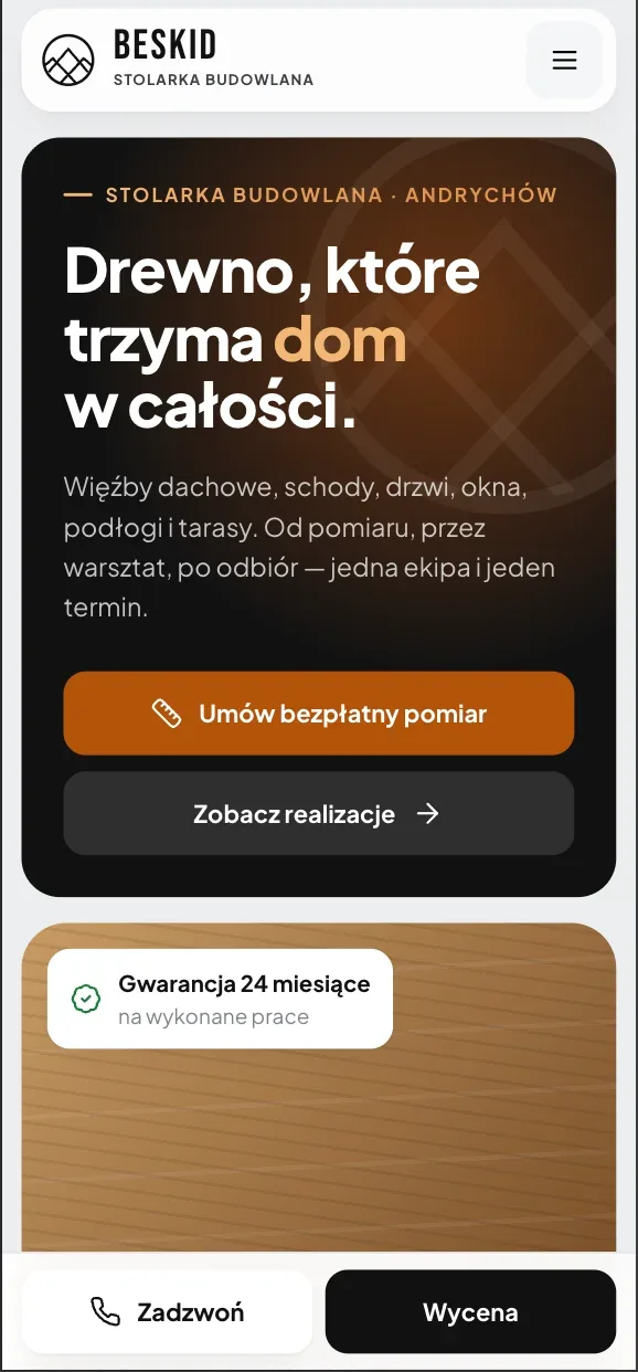 Nowa strona firmowa Beskid w Next.js - widok na telefonie z przyciskami kontaktu na dole ekranu
